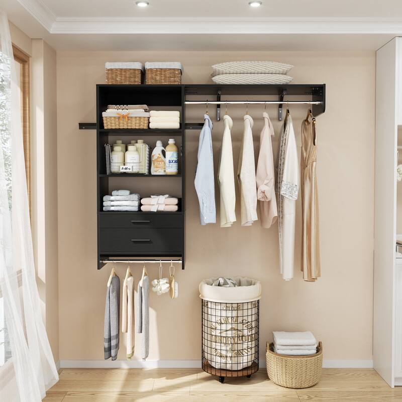 Rackcog Laundry Room Organizer with Drawers, Wall-mounted Closet System with Hanging Rods