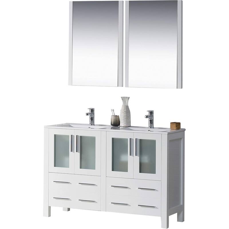 Blossom 48" Double Sink Bathroom Vanity with Ceramic Tops & Mirrors - Glossy White - Glossy