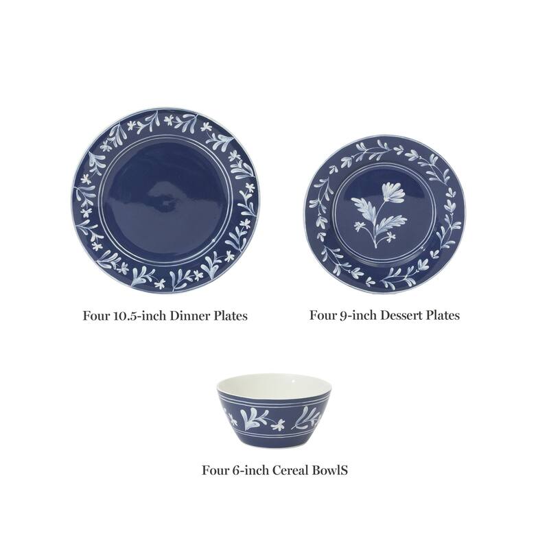 Martha Stewart Maiden Crown 12-Piece Dinnerware Set - Vegan Bone China Ceramic Plates & Bowls - Floral Design - Service for 4