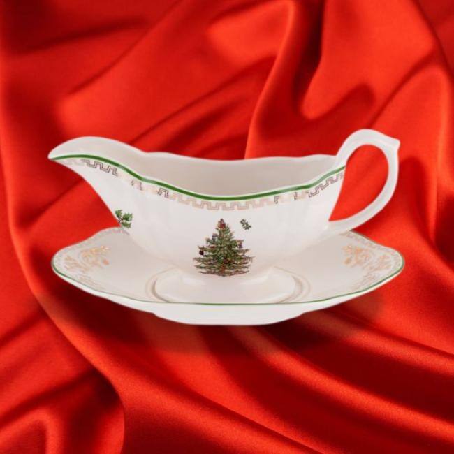 Spode Christmas Tree Gold Collection Gravy Boat and Stand On Sale