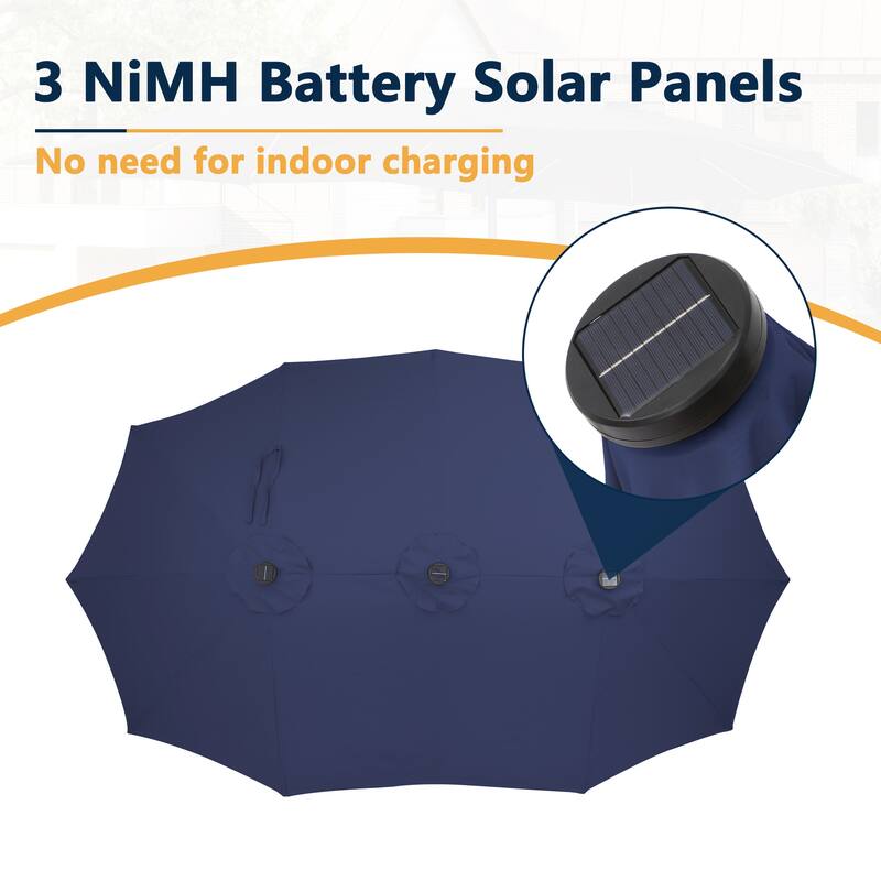 Clihome 15Ft Outdoor Solar Lights Rectangular Crank Market Umbrella, with Base