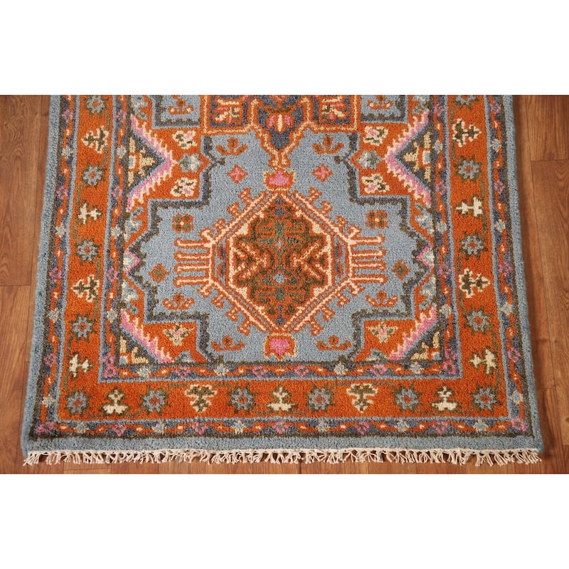 Geometric Kazak Oriental Accent Rug Handmade Blue Wool Carpet - 3'0"x 5'0"