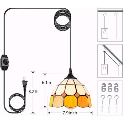 Dimmable Tiffany Plug-In Pendant Light - 16.4ft Cord, Adjustable Brightness