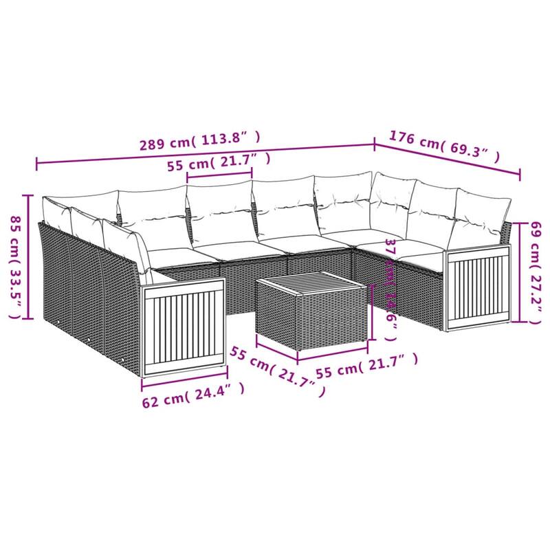vidaXL 10 Piece Patio Sofa Set with Cushions Gray Poly Rattan - 112.7x27.2x91.0