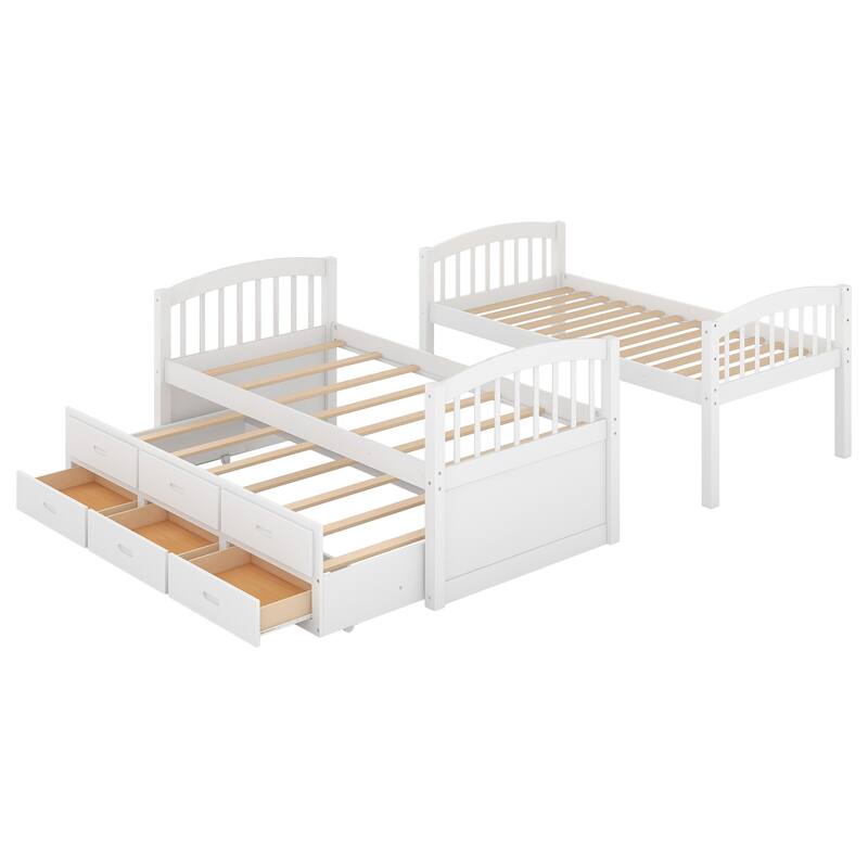 Twin Over Twin Bunk Bed w/Trundle, Wooden Detachable Bunkbeds Frame