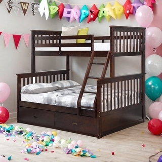 Twin Over Full Bunk Bed with Drawers and Guardrails