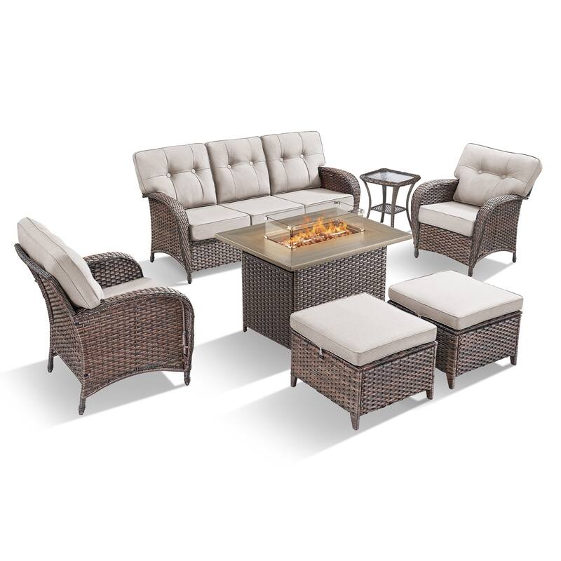 TWrap 7-Piece Wicker Patio Fire Pit Conversation Set with 3-Seat Sofa & Armchairs