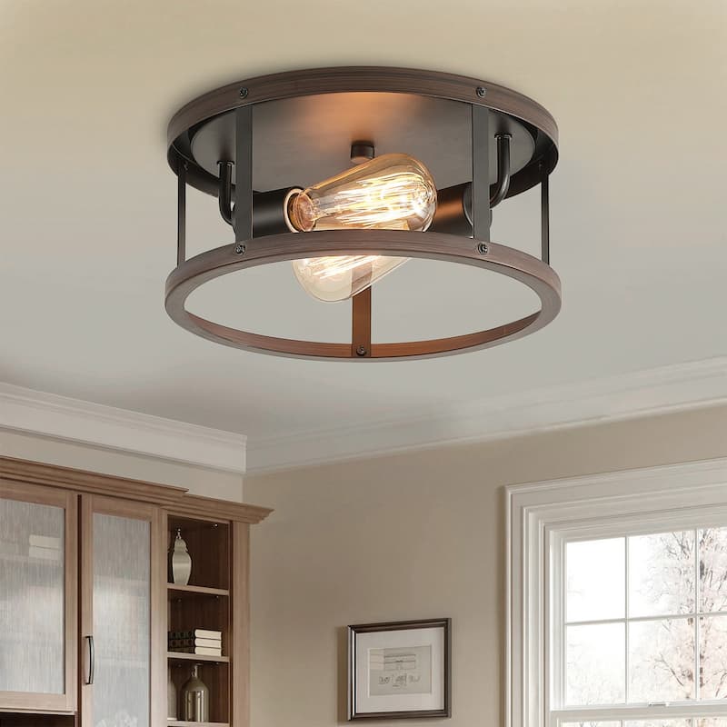 Vintage Black and Brown 2-Light Flush Mount Cylinder Shape Lighting Fixture