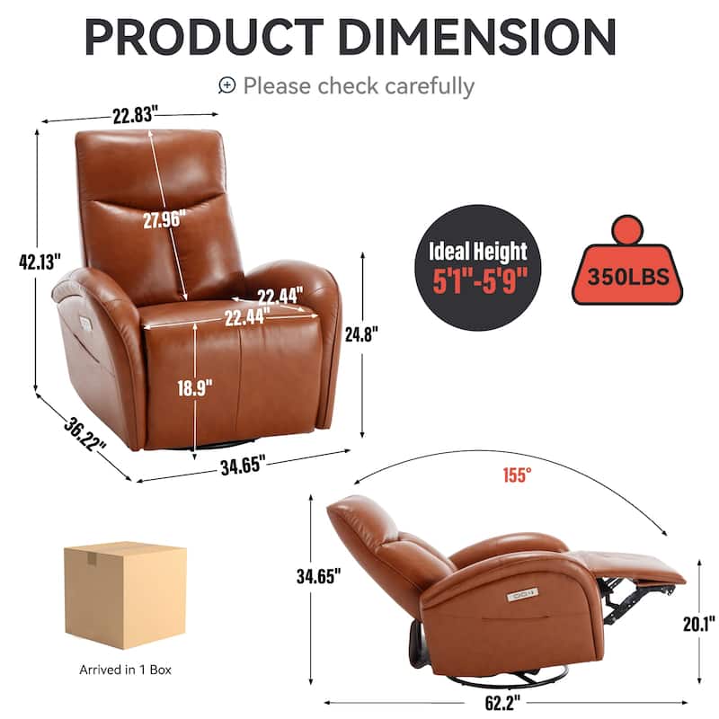 Genuine Leather Power Recliner Chair, 270° Swivel Rocker, USB, Type-C