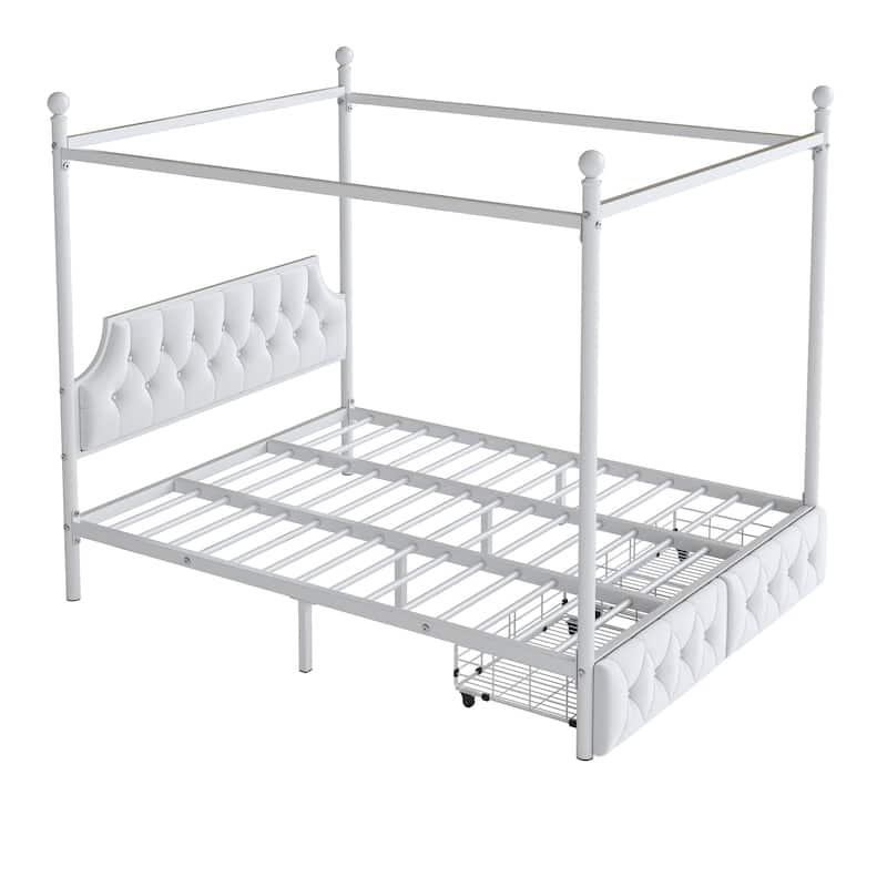 Queen Size Metal Canopy Platform Bed with Upholstered Headboard and 2 Storage Drawers (350lbs Capacity)