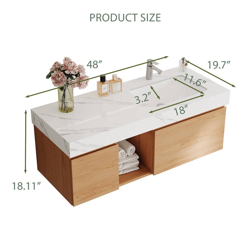 48" Mid Century Single Bathroom faux marble Vanity with Top, Solid Wood, Floating Vanities for Bathroom - 47.6" x 19.6"