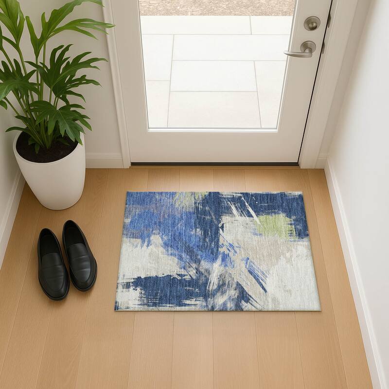 Premium Washable Super Soft Modern Brushstrokes Mayfield Rug - Navy - 1'8" x 2'6"