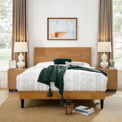 BIKAHOM Mid-Century Modern Solid Wooden Platform Bed with Adjustable Height Headboard for Bedroom