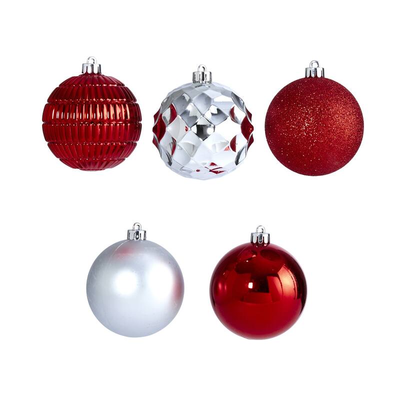 40ct Red & Silver Shatterproof 5-Finish Christmas Ball Ornaments 3"
