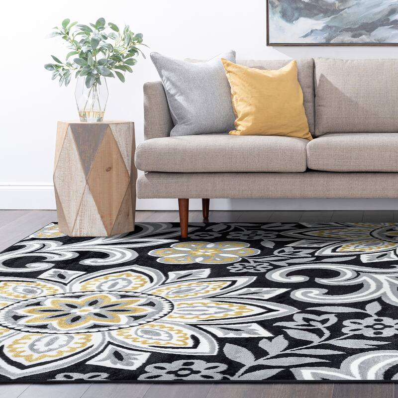 Wyman Bohemian & Eclectic Floral Indoor Area Rug - Yellow/Charcoal - 5'3'' x 7'3''