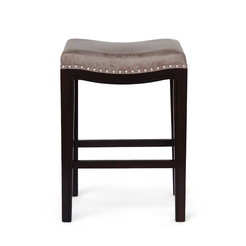 Feine Counter Stool Set of 2, Nailhead Trim, Taupe Gray Faux Leather
