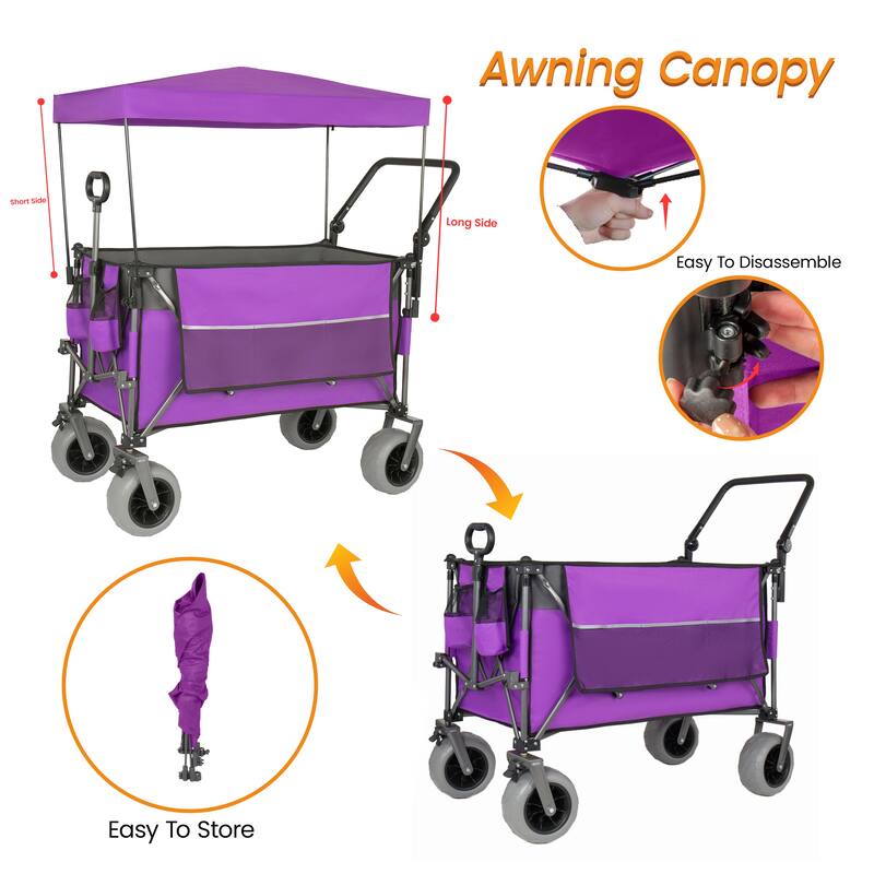 Multi-Functional Push-Pull Folding Wagon Cart with Rotating Handle & Canopy, 9"x4" Beach Tires, 300L Large Capacity