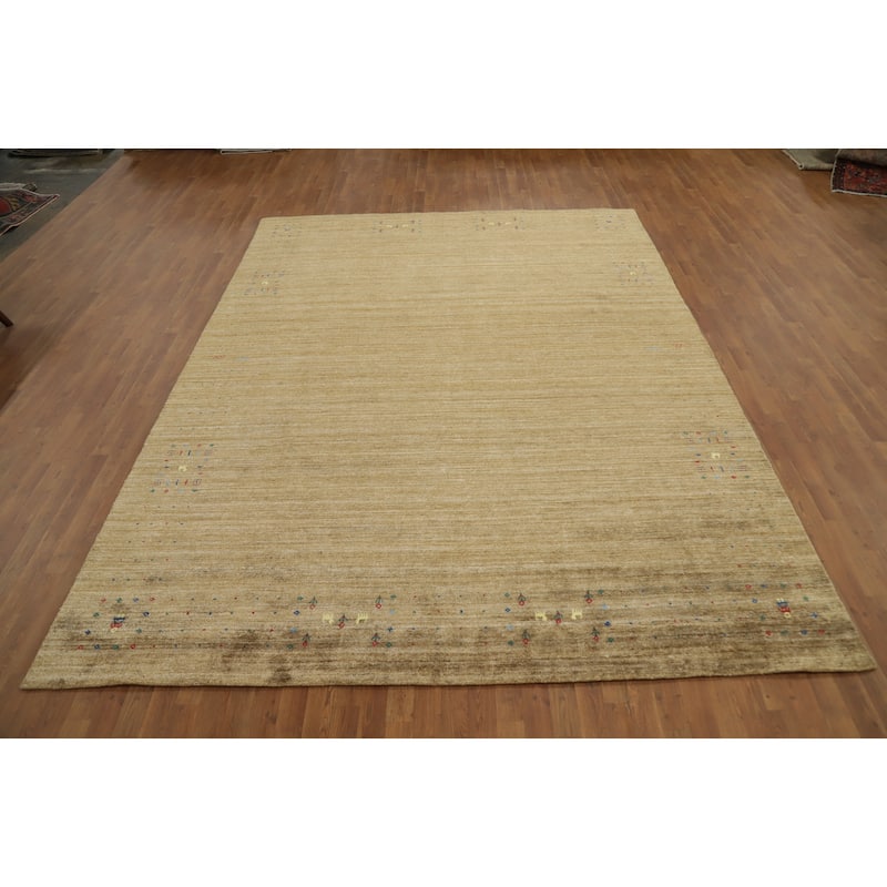 Hand Knotted Oriental Viscose Silk Carpet Tribal Animal Pictorial Yellow & Gold Gabbeh Area Rug - 11' 11'' X 9' 1''