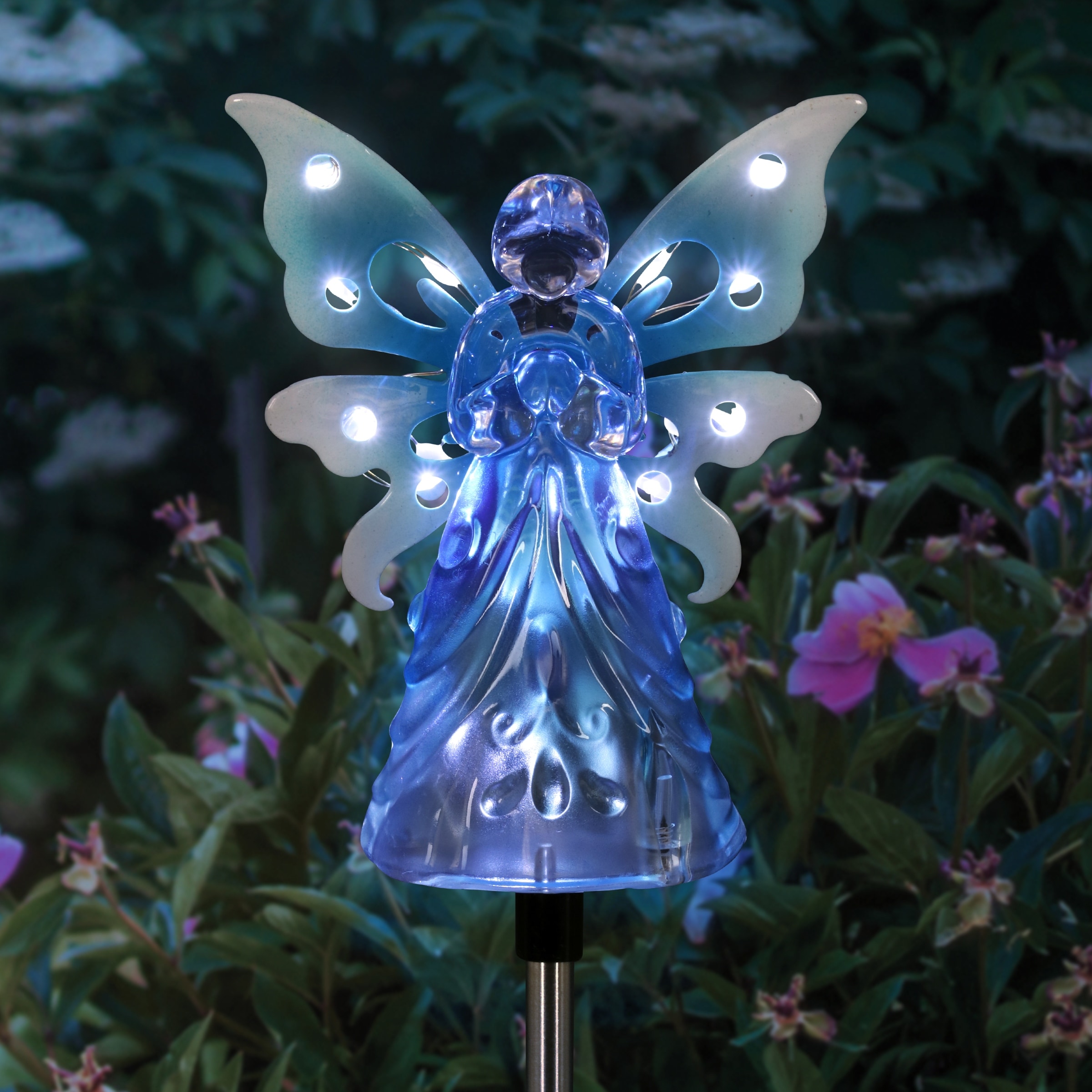 Exhart Solar Acrylic Angel with Wings and Twelve LED lights on a