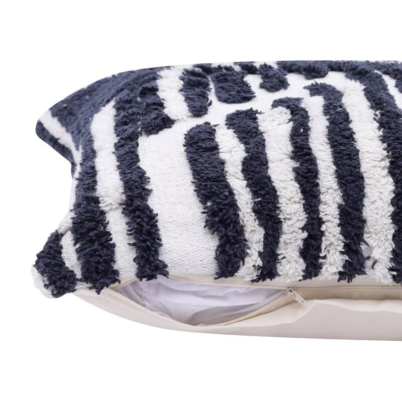 Handwoven Abstract Striped Shag Throw Pillow Cover - 22" - White and Navy Blue
