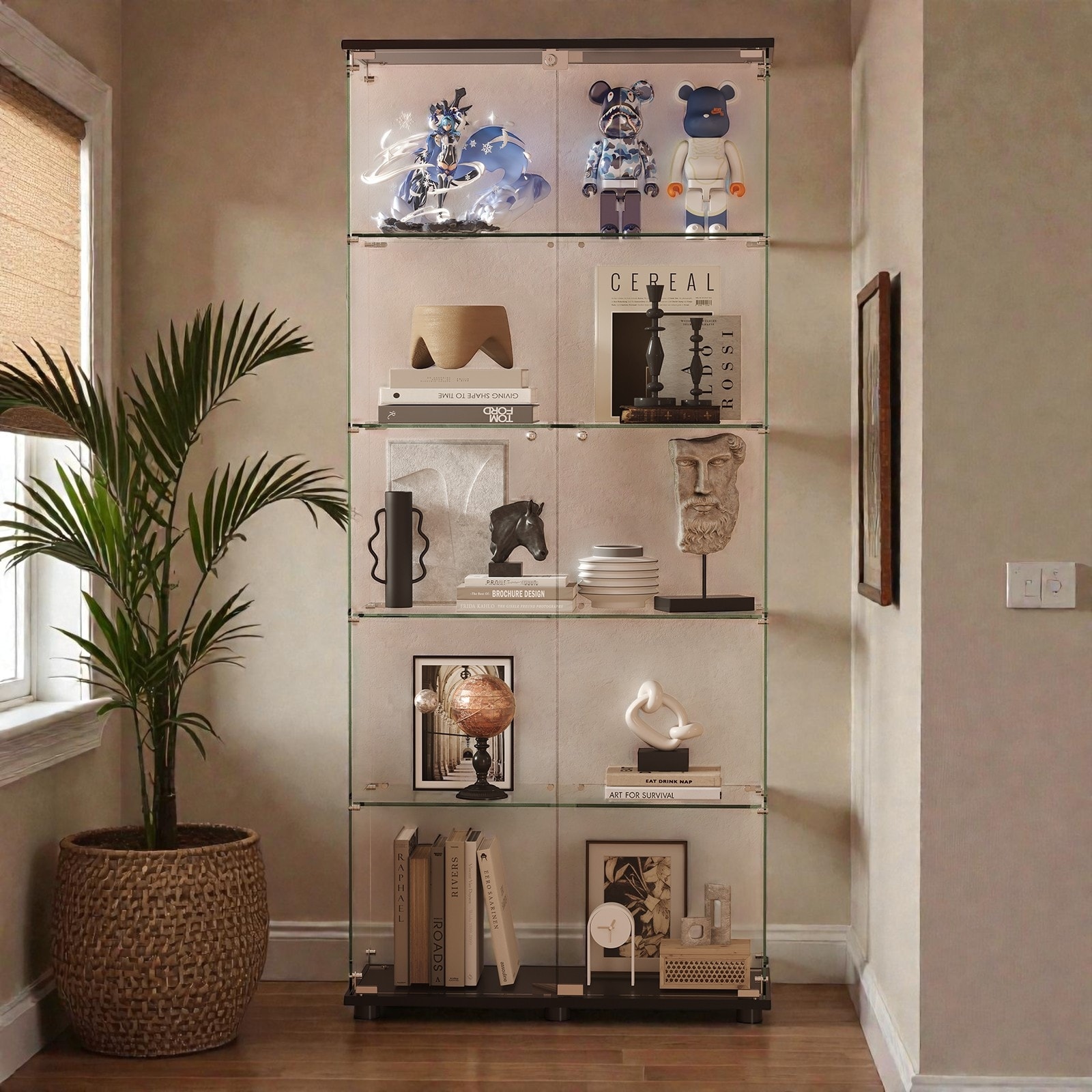 72 Inch Glass Display Case, 5 Shelf Floor Standing Cabinet with Lock, Tempered Glass Doors for Home Office