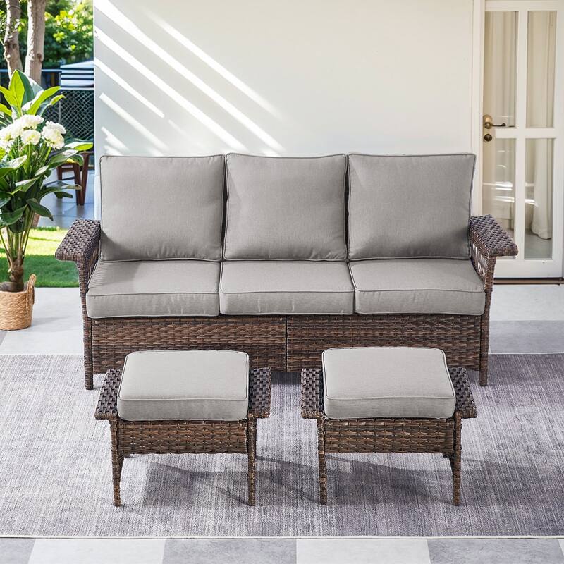 Outdoor Glider Chair with Soft Cushion - Brwon Wicker Grey Cushion - 3PCS Patio Sofa with Ottoman