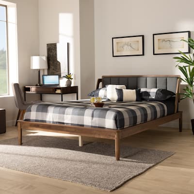 Helsa Mid-Century Modern Fabric and Walnut Finished Platform Bed