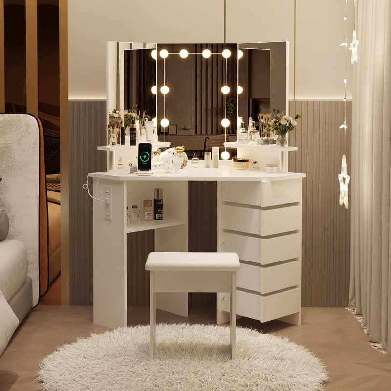 Makeup Vanity with Lights, Power Outlets, Tri-Fold Mirror, 5 Rotating Drawers, Stool