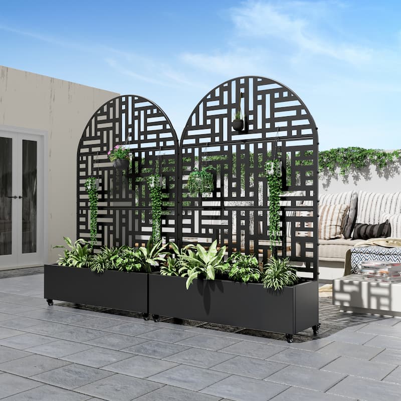 Metal Movable Planter Box with Trellis Privacy Screen Planter Box with Lockable Wheels