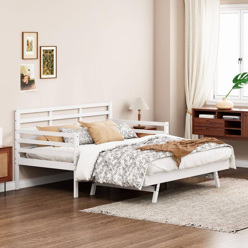 Twin Daybed with Trundle & Guardrails - White Pine Wood Sofa Bed, 350lbs Capacity, Space-Saving for Bedroom/Living Room
