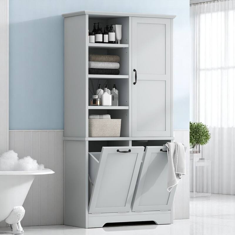 Bathroom Storage Cabinet with Tilt-Out Laundry Hampers, Adjustable Shelves & Door, Freestanding MDF Organizer