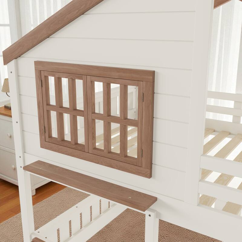 Twin/Full House Bunk Bed with Bookshelf, Safety Fence, Ladder and Loft Play Area, Wooden Kids Bed Frame