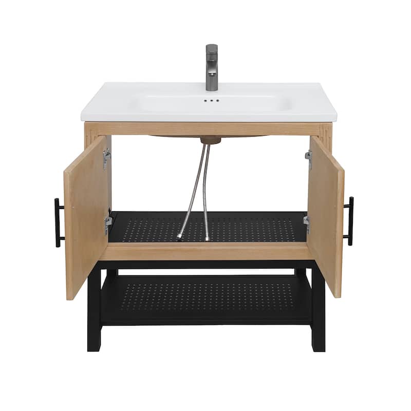 Roomfitters 32" Bathroom Vanity with Ceramic Sink, Freestanding Bathroom Cabinet with Storage & Open Shelf