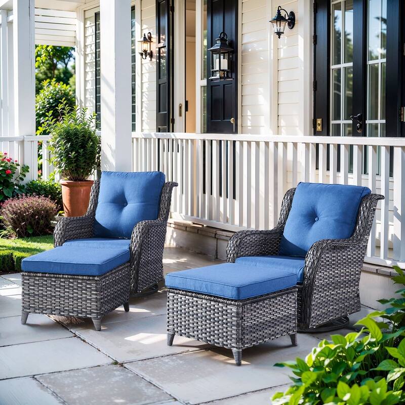 Gymojoy 4-Piece Outdoor Wicker Patio Furniture Chair Set, Rattan Coversation Set with Water Resistant Thick Cushions - Grey Wicker / Blue Cusion - 4-Piece