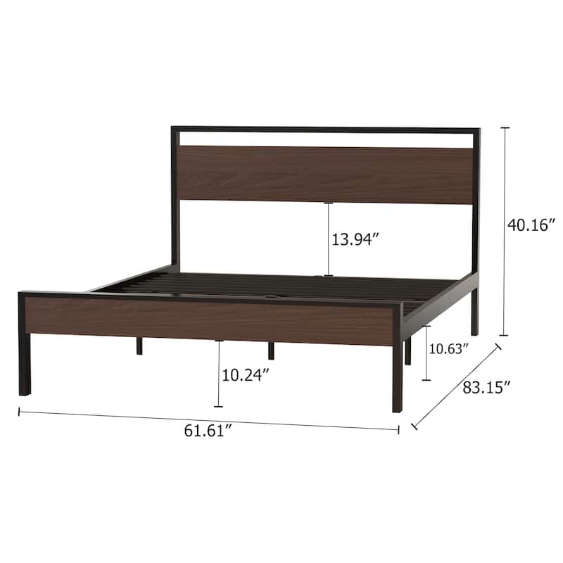 Ceres Queen Metal Bed - Black with Walnut Wood Headboard & Footboard