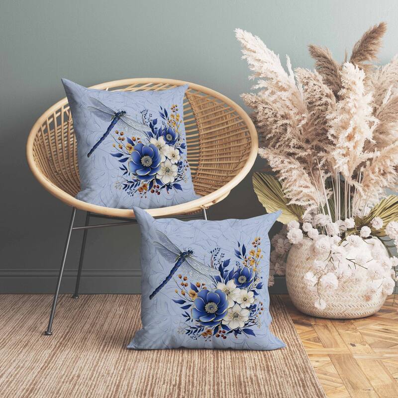 Dragonfly Haven Faux Suede Reversible Throw Pillow Blue and Yellow