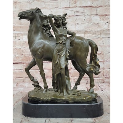Art Nouveau Style Bronze Woman And Imitative Horse – Decorative Sculpture On Marble
