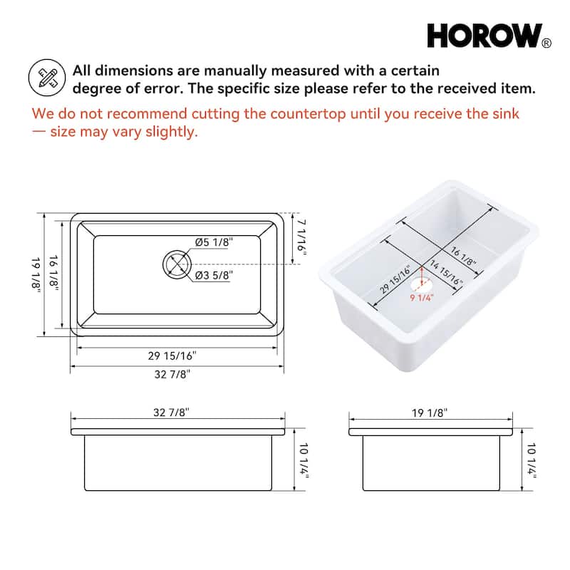 HOROW 33 in. Drop-In Single Bowl Ceramic White Kitchen Sink Standard and Bottom Grid, Drain Assembly, Cutting Board