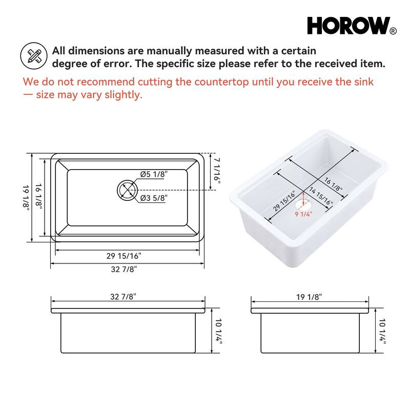 HOROW 33 in. Drop-In Single Bowl Ceramic White Kitchen Sink Standard and Bottom Grid, Drain Assembly, Cutting Board