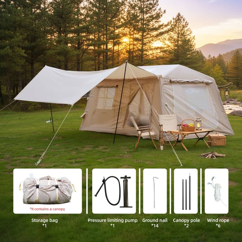 11 m ² Inflatable Tents for Camping, Blow Up Tent with Hand Pump, Easy Setup InflatableTent 4 Season Tent with Canopy