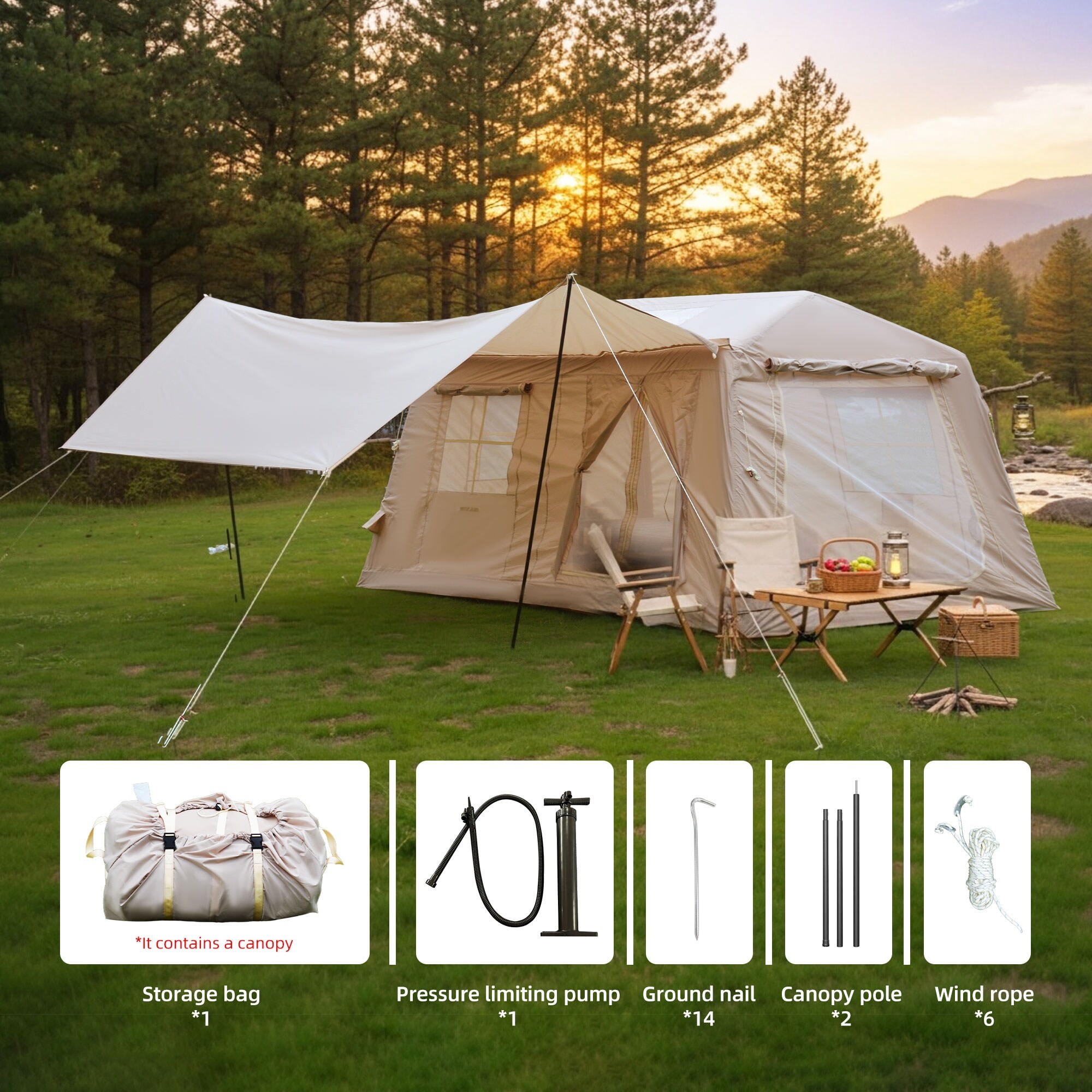 11 m ² Inflatable Tents for Camping, Blow Up Tent with Hand Pump