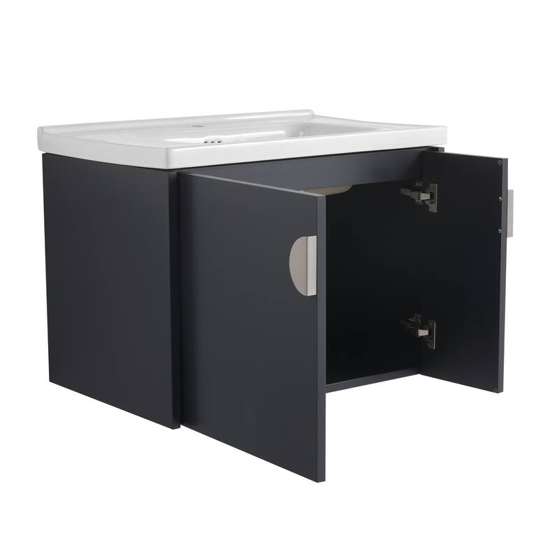 Floating Bathroom Vanity Cabinet with Pre-Drilled Ceramic Sink and Multiple Handle Options - 27.75in L