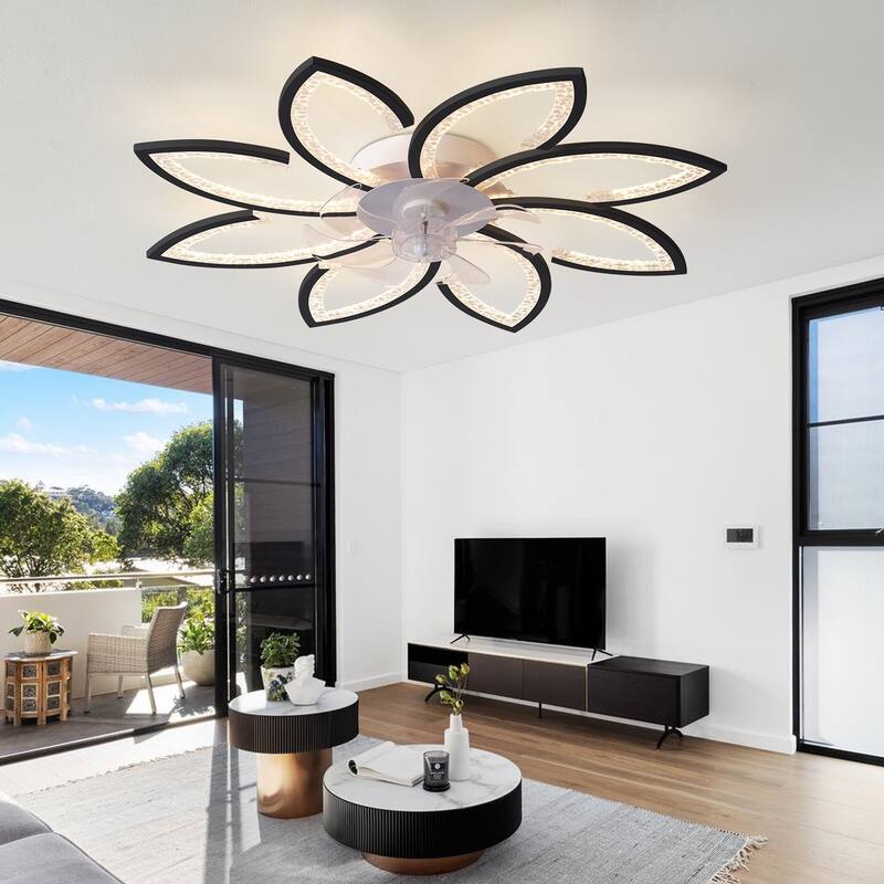 31 Inch Low Profile Ceiling Fan with Lights and Remote Control, Cartoon Petal Ceiling Fan Lights with Reversible Blades