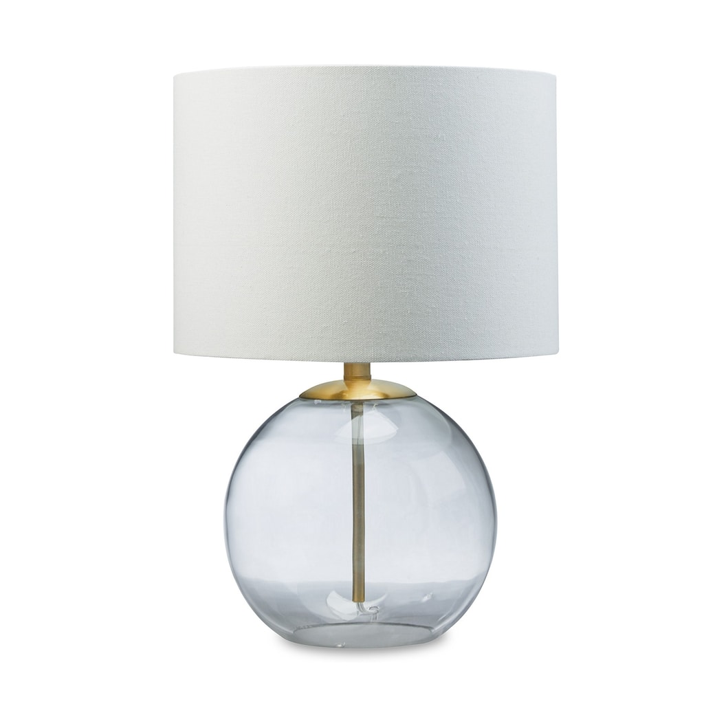 21 Inch Table Lamp, White Drum Shade, Round Clear Glass Base, Brass Metal