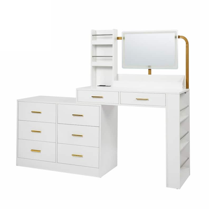 L-shaped Makeup Vanity Desk with Mirror & Charging Ports, 8-Drawer Dresser Dressing Table Chest of Drawers for Bedroom