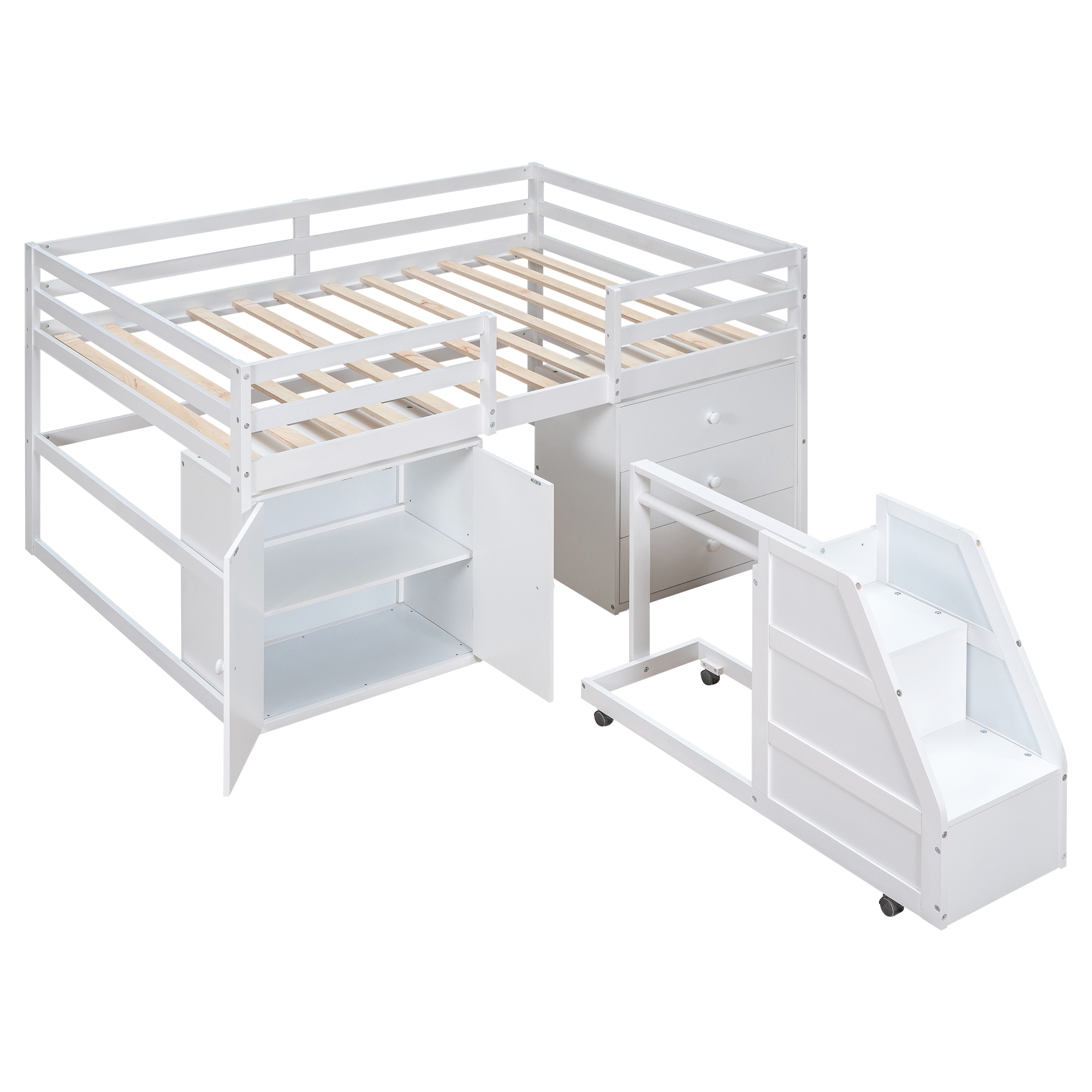Solid Wood Full Size Low Loft Bed Frame with Cabinets Staircase