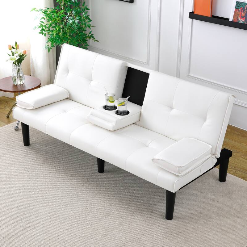 Convertible Loveseat Couch Adjustable Faux Leather Sleeper Sofa Bed with Coffee Table, Cup Holders and Removable Pillow Armrests