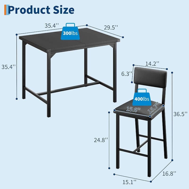 Counter Height Kitchen Dining Table Set with 2 Upholstered Bar Stools for Dining Room