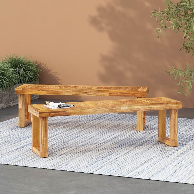 Roomfitters Outdoor Acacia Wood Dining Bench with Rectangular Legs and Slatted Top