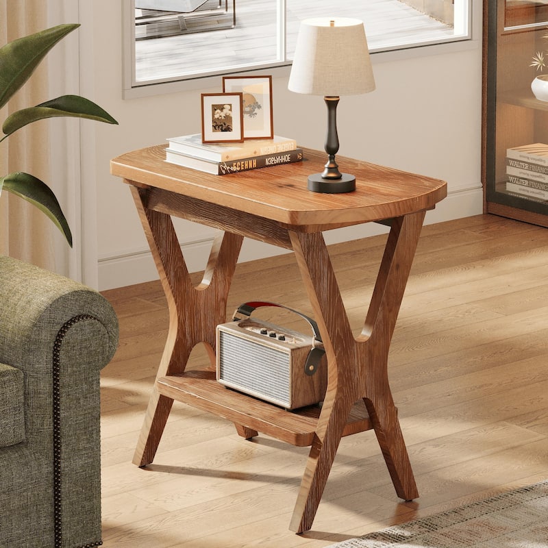 2-Tier Solid Wood Side Table with Storage